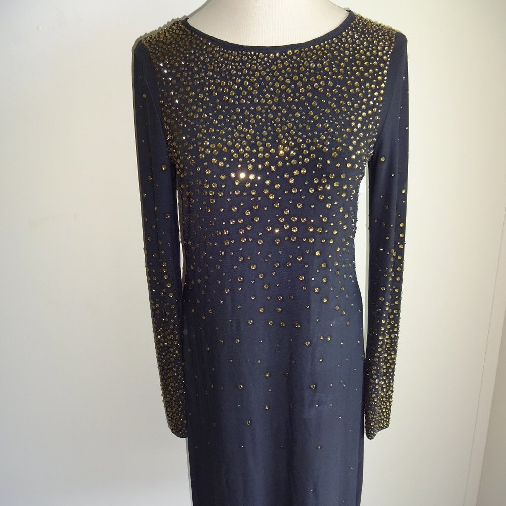 Womens CeCe Black Long Sleeve Dress Small Gold Rhinestones